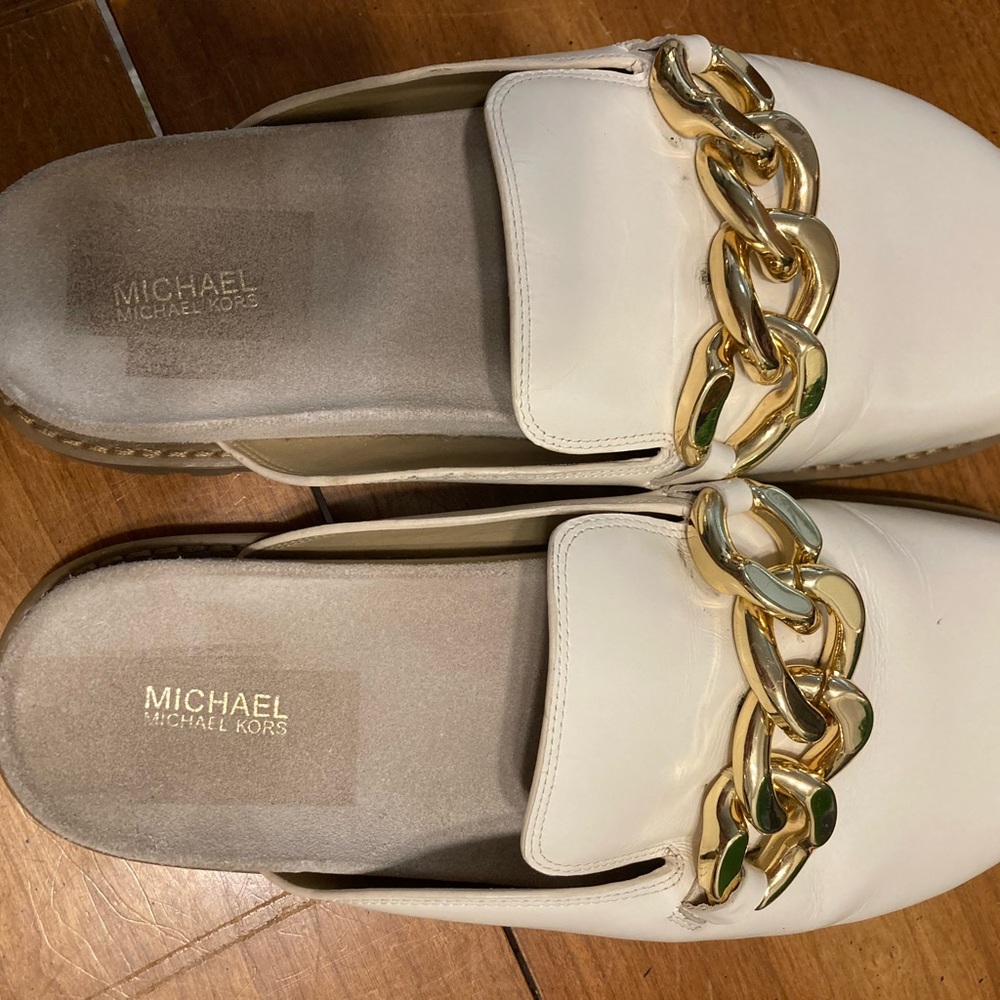 Michael Kors White Mules with Gold Chain Detail